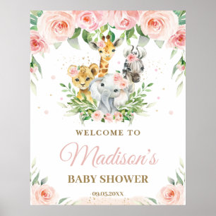 Jungle Animals Safari Pink Floral Baby Willkommen Poster