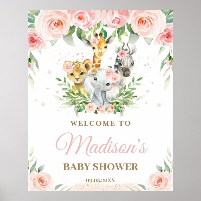 Jungle Animals Safari Pink Floral Baby Willkommen Poster (Vorne)