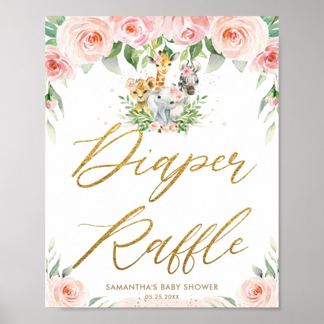 Jungle Animals Safari Pink Floral Diaper Raffles Poster (Vorne)