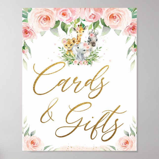 Jungle Animals Safari Rosa Blumenkarten und Gesche Poster (Vorne)