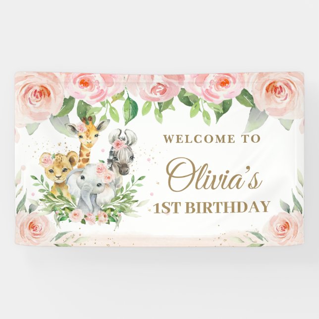 Jungle Animals Safari Rosa Blumenkugel Hintergrund Banner (Horizontal)