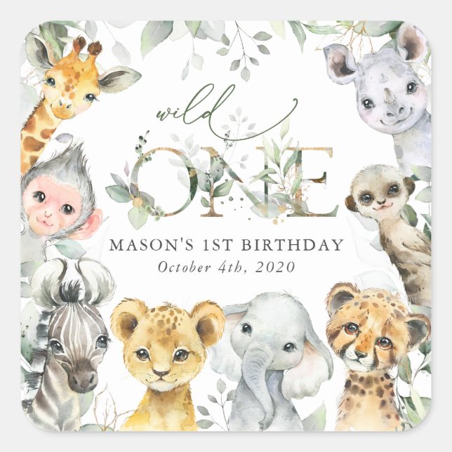 Jungle Animals, Safari, Wild One, First Birthday Quadratischer Aufkleber (Vorderseite)