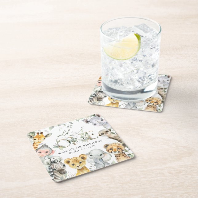 Jungle Animals, Safari, Wild One, First Birthday Rechteckiger Pappuntersetzer (Vor Ort)