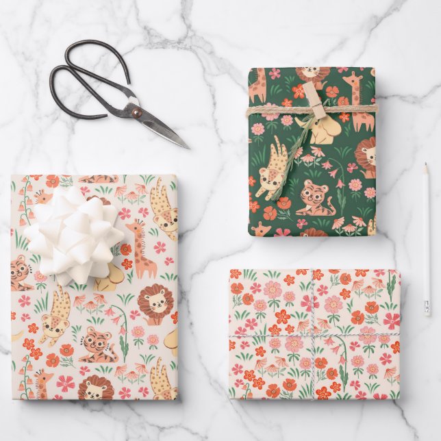 Jungle Animals Wrapping Paper Flat Sheet Set 3 Geschenkpapier Set (Vorderseite)