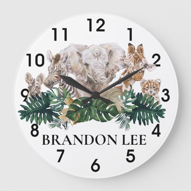 Jungle Babies Safari Afrikanischer Elefant Persona Große Wanduhr (Vorderseite)