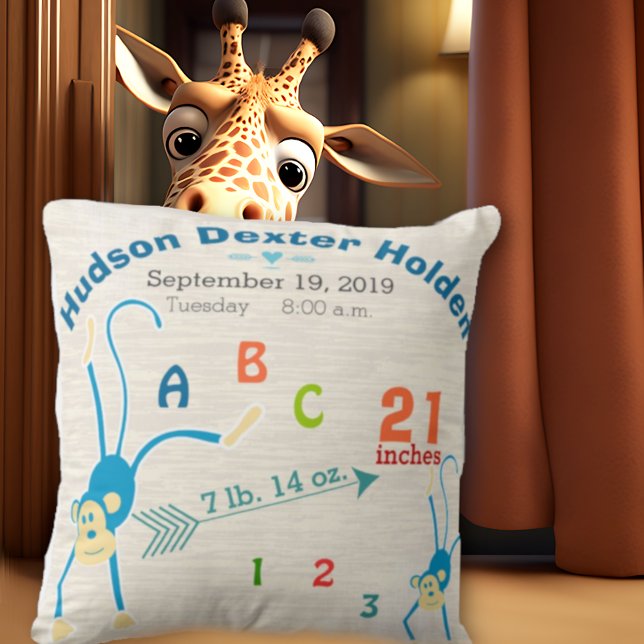 Jungle Baby Boy Kinderzimmer Birth Stat Monkey Nie Kissen (Von Creator hochgeladen)