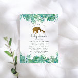 Jungle Baby Dusche: Gold Elephant & Tropical Blätt Einladungspostkarte<br><div class="desc">Diese niedliche und moderne Babydusche lädt mit einem Mutter-Baby-Elefant in einem Imitat Goldfolie-Effekt gerahmt durch stilvolle Typografie ein. Oben und unten dieses Einladens befindet sich eine Anordnung tropischer Aquarellfarben-Blätter. Die Rückseite dieser Einladung wurde leer verlassen,  damit Sie eine benutzerdefinierte Nachricht und Adresse hinzufügen können.</div>
