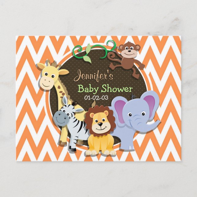 Jungle Baby Dusche; Orange und Weiß Zickzack Einladungspostkarte (Vorderseite)