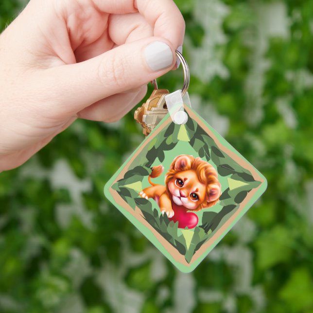 Jungle Baby Lion mit einem roten Herz Schlüsselanhänger (Hand)
