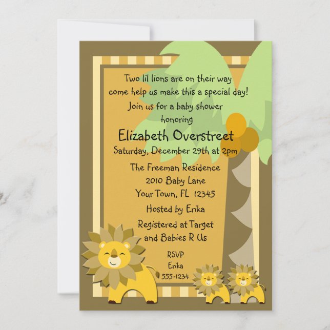 Jungle Baby Lion Twins Shower Party Zoo Safari Einladung (Vorderseite)