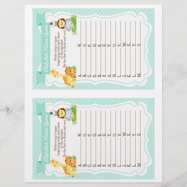 Jungle Baby Shower Alphabet Junge Name Game (Vorderseite)