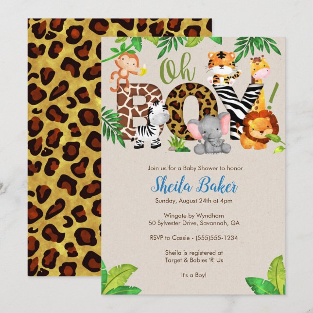 Jungle Baby Shower Einladung - Boy Baby Shower (Vorne/Hinten)