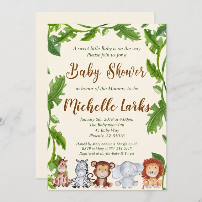Jungle Baby Shower Invasion, Safari Einladung (Vorne/Hinten)
