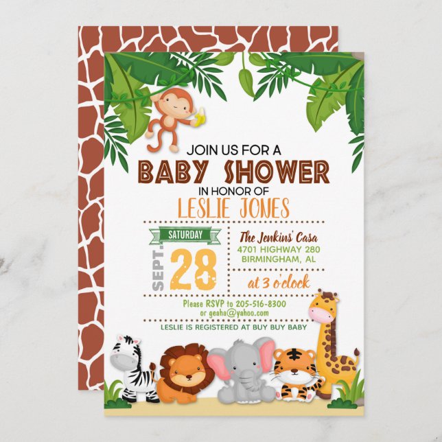 Jungle Babydusche Einladung (Vorne/Hinten)