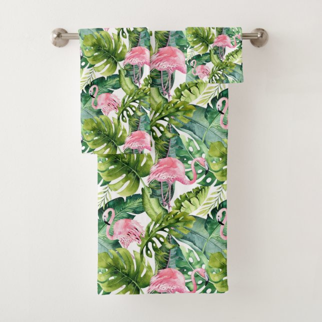 Jungle Blätter Pink Flamingo Badhandtuch Set (Insitu)