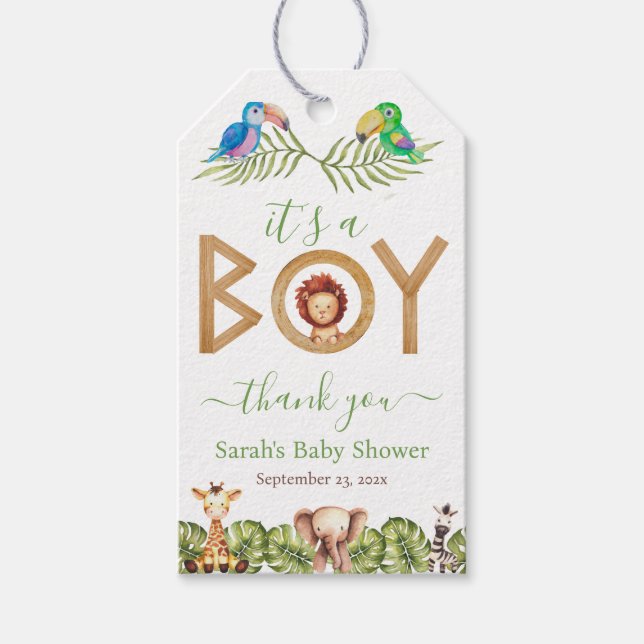 Jungle Boy Baby Shower Safari Tiere Holzparrots Geschenkanhänger (Vorderseite)