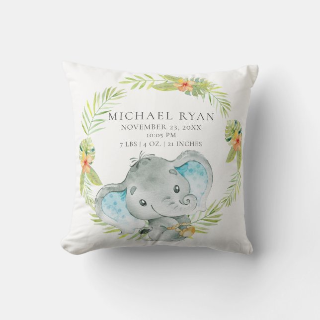 Jungle Boy Elephant Baby Birth Stats Pillow Kissen (Vorderseite)