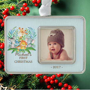 Jungle Boys Baby's 1. Weihnachts-Foto-Ornament Rahmen-Ornament Silber