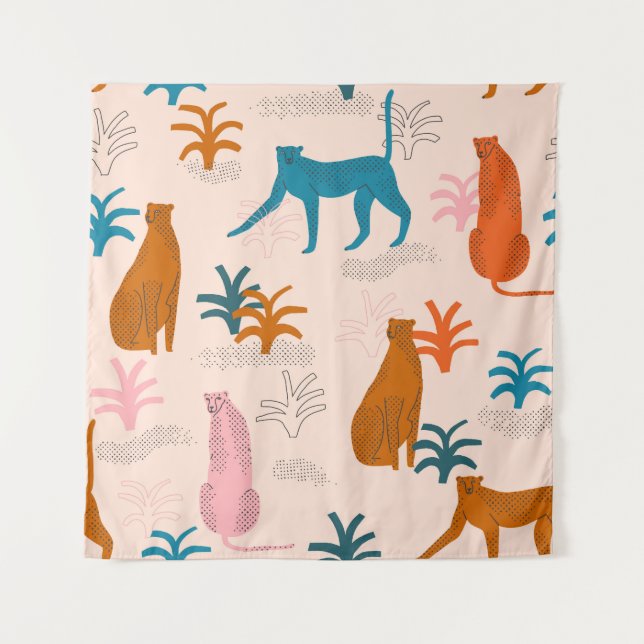Jungle Cheetah: Funky Tropical Pattern. Wandteppich (Vorderseite)