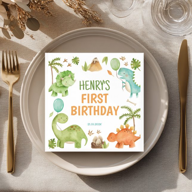 Jungle Dinosaur Cute Boy Birthday Party Napkins Serviette (Von Creator hochgeladen)