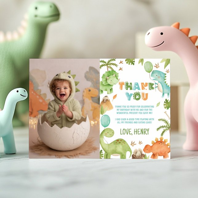 Jungle Dinosaur Cute Boy Birthday Party Photo Dankeskarte (Von Creator hochgeladen)