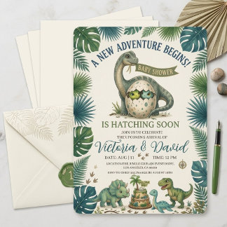 Jungle Dinosaur Hatching Soon Baby Shower Invitati Einladung
