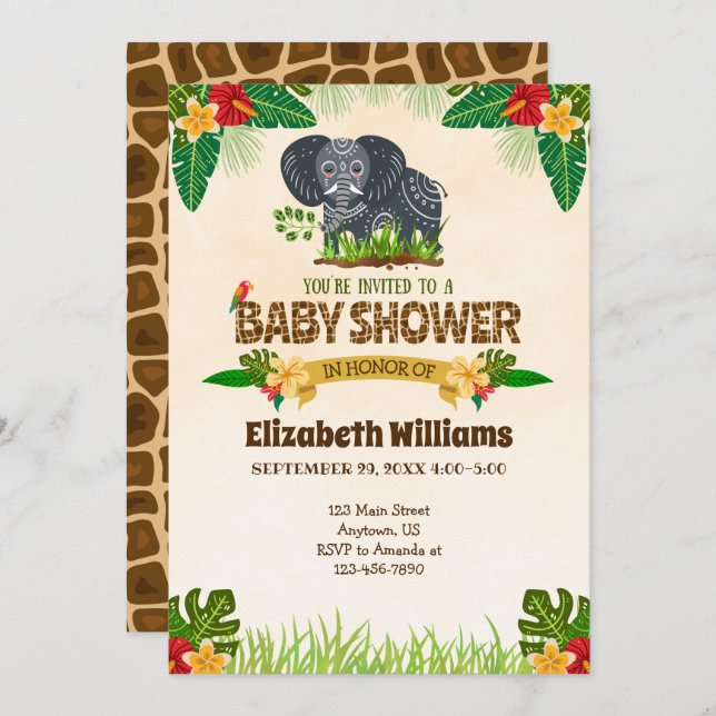 Jungle Elephant Baby Shower Einladung (Vorne/Hinten)