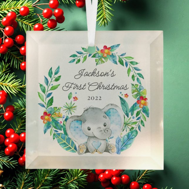 Jungle Elephant Baby's First Christmas Ornament Aus Glas (Von Creator hochgeladen)