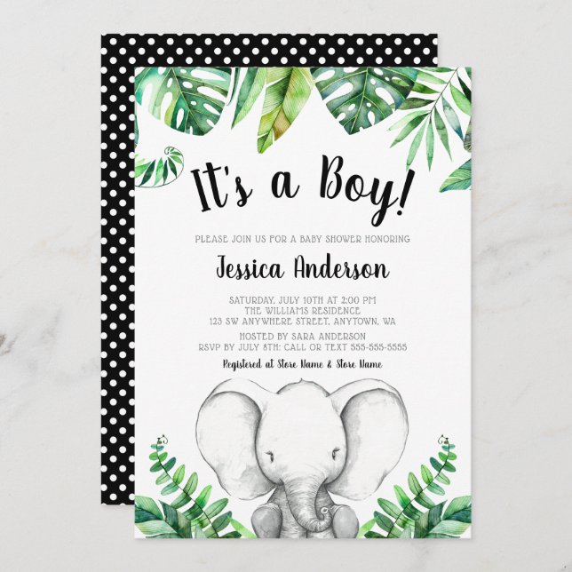 Jungle Elephant Boy Baby Shower Invitations Black Einladung (Vorne/Hinten)