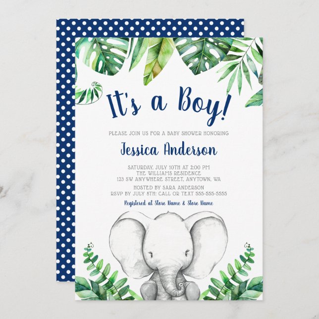 Jungle Elephant Navy Boy Baby Shower Einladungen (Vorne/Hinten)