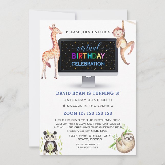 Jungle Forest Friends Boy Virtual Birthday Party Einladung (Vorderseite)