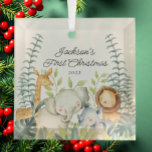 Jungle Foto Boys Baby's First Christmas Ornament Aus Glas<br><div class="desc">Niedliche Baby's erste Weihnachtsschmuck die süßesten kleinen Dschungeltiere gerahmt mit Aquarelldschungel Blätter.</div>