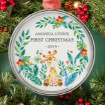 Jungle Giraffe Baby's First Christmas Ornament<br><div class="desc">Cute baby first Christmas ornament the sweetest little giraffe framed with watercolor jungle leaves.</div>