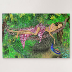 Jungle Girl and Peacock - Kunst Zeichnend Fantasie Puzzle