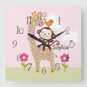 Jungle Girl Animal Kid's Baby Kinderzimmer Clock Quadratische Wanduhr