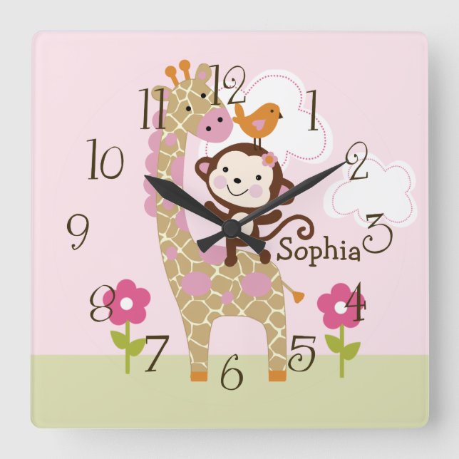 Jungle Girl Animal Kid's Baby Kinderzimmer Clock Quadratische Wanduhr (Vorderseite)