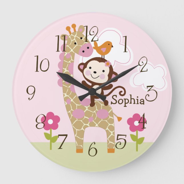 Jungle Girl Animal Kid's Baby Kinderzimmer Clock Quadratische Wanduhr (Vorderseite)