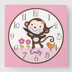 Jungle Girl Monkey Kid's Baby Kinderzimmer Clock Quadratische Wanduhr