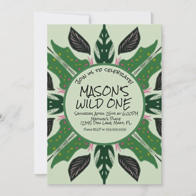 Jungle Greenery Hand Drawn Zoo Party Einladung (Vorderseite)