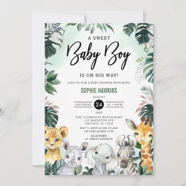 Jungle Greenery Wild Safari Animals Baby Shower Einladung (Vorderseite)