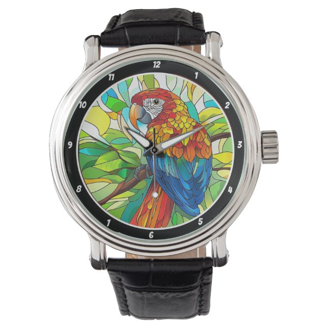 Jungle Harmony" - Stained Glass Parrot Armbanduhr (Vorderseite)