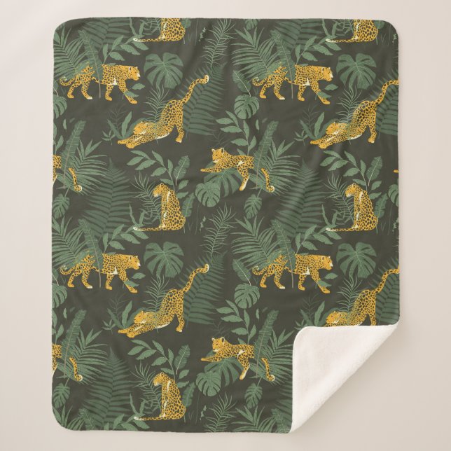 Jungle Jaguar Green Monstera Verlasse Muster Sherpadecke (Vorderseite)