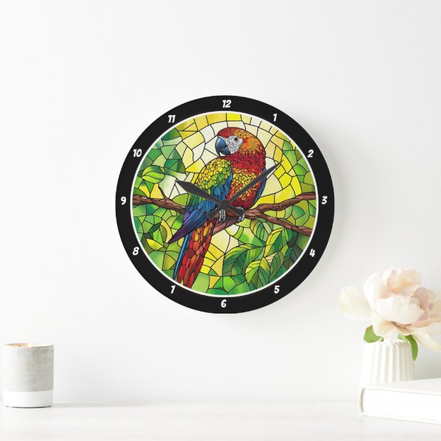 Jungle Jewel" - gesteinigter Glass-Papagei Große Wanduhr (Zuhause)