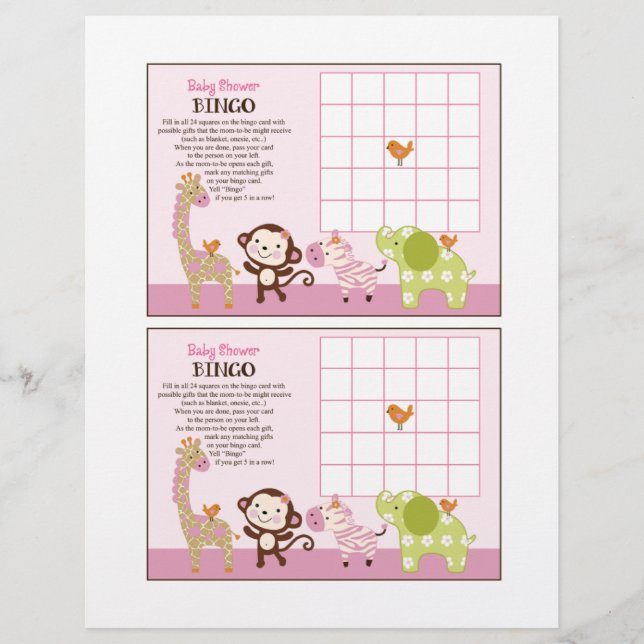 Jungle Jill Girl Animals "Baby Shower Bingo" Blatt (Vorderseite)