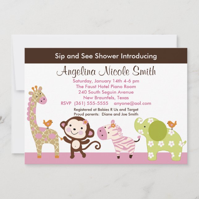 Jungle Jill / Girl Animals Sip & See Einladung (Vorderseite)