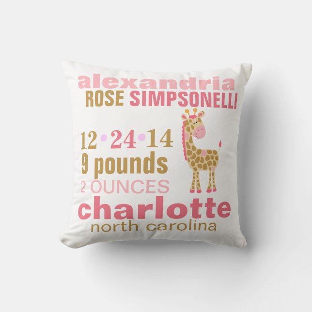 Jungle Jill Pink Giraffe Geburtsankündigung Kissen (Vorderseite)