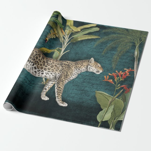 Jungle Leopard Tropical Floral Aquamarin Blue Deco Geschenkpapier (Ungerollt)