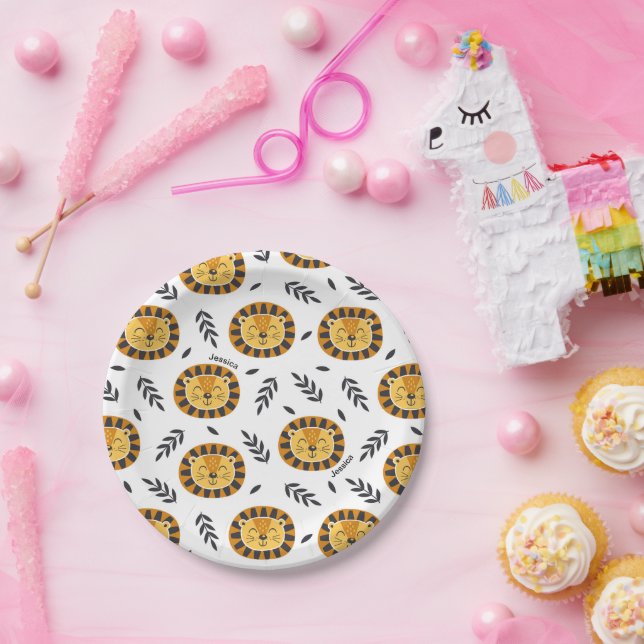 Jungle Lion Muster mit Kindername Geburtstag Pappteller (Party)