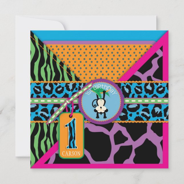 Jungle Monkey Erster Geburtstag Einladung Wild (Vorderseite)