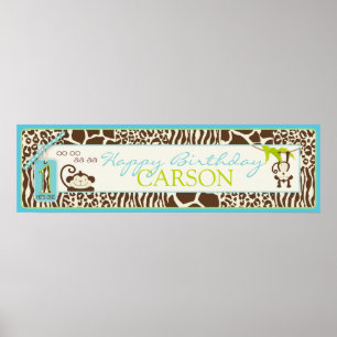 Jungle Monkey Safari Erster Geburtstag Banner Blau Poster